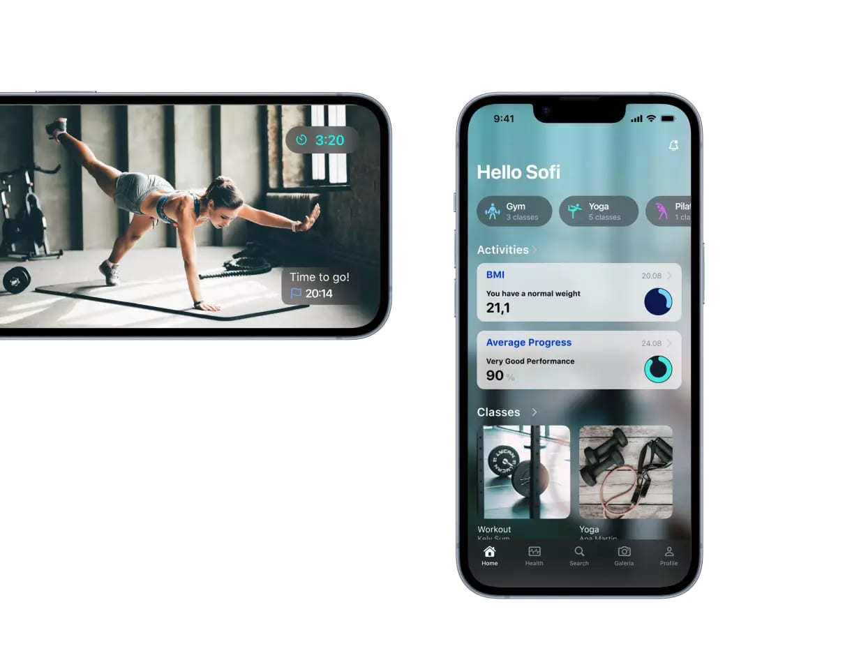 Native iOS and Android streaming app interface with video playback and audience metrics