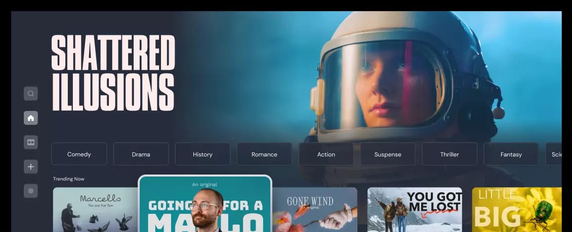 White-label OTT platform interface with content categories on connected TV
